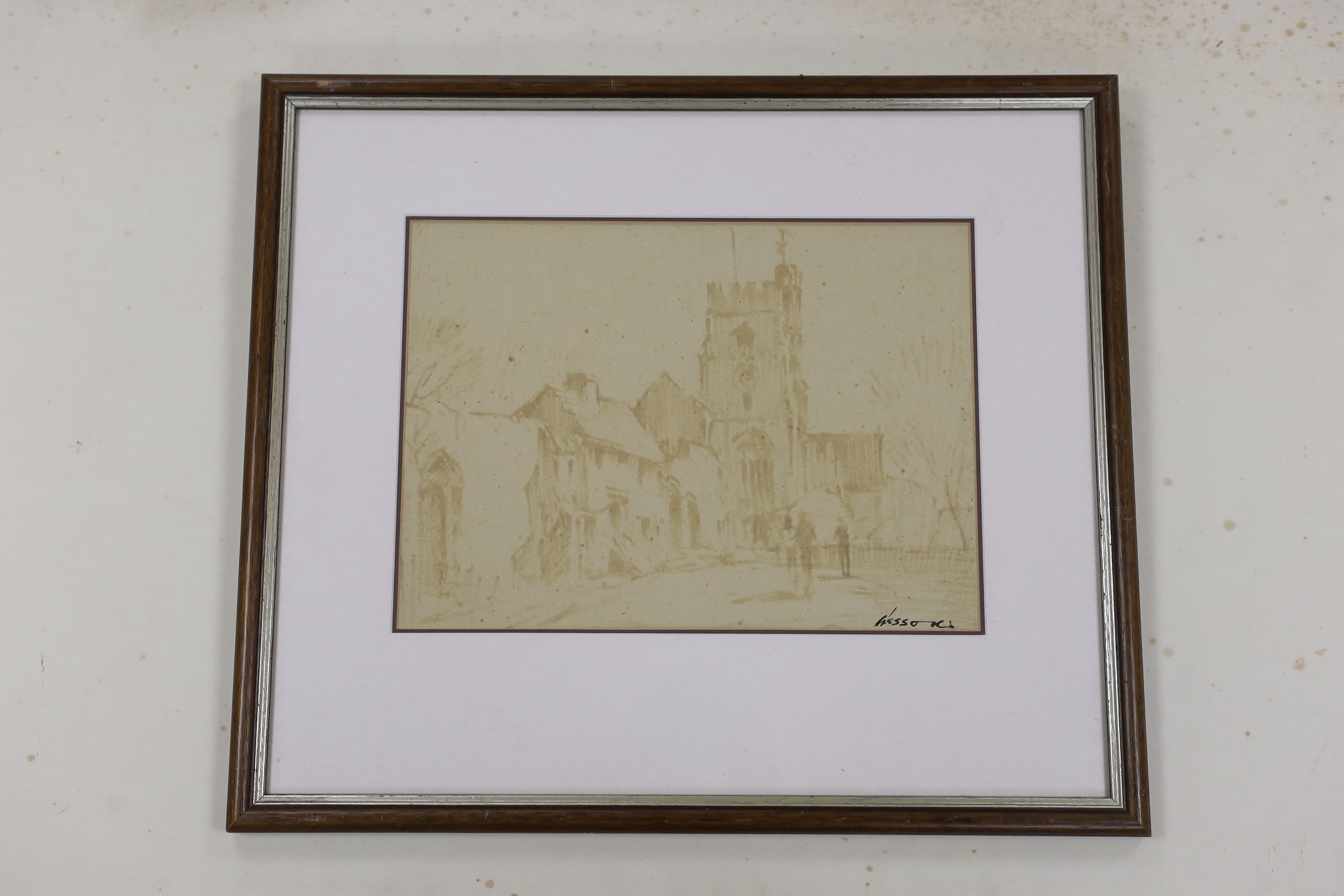 Edward Wesson (1910–1983) sepia watercolour, Figures before a church, label verso, 35 x 25cm